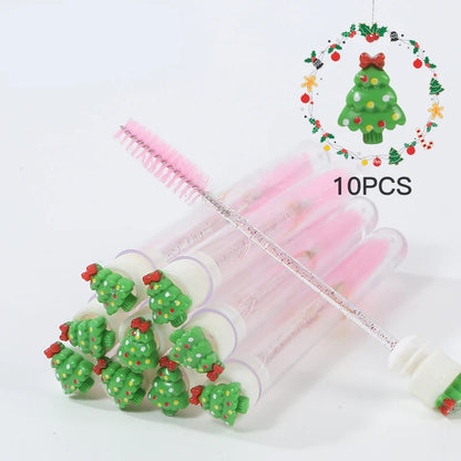 10Pcs Christmas Eyelash Brushes Set Santa Mascara Wand with Case Spoolie Eyebrow Comb Festive Makeup Tool Xmas Gift for Women