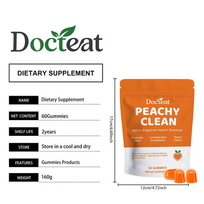Docteat Peachy Clean Men's Digestive Health Gummies Prebiotic & Probiotic Blend Peach Flavor 60 Gummies Dietary Supplement