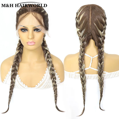 Half Red Half Black Colored Lace Front Braided Wigs For Women 26 Inch Long Synthetic Double Dutch Box Braids Wig With Baby Hair