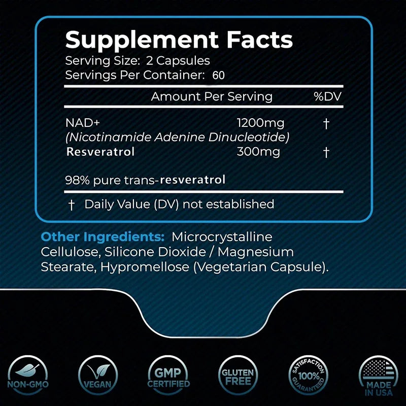 NAD+ Supplements - with Resveratrol - Natural Energy Supplement, Support Cell Health, Anti-aging, Enhance ImmunitySupplements