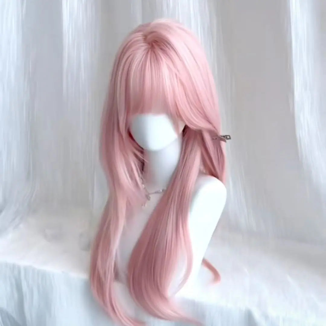 Ashely Pink Wig for Women Hair Wig with Bangs High Temperature Fibers Lolita Cute Layered Wig Synthetic Wigs Headband 가발 Парик