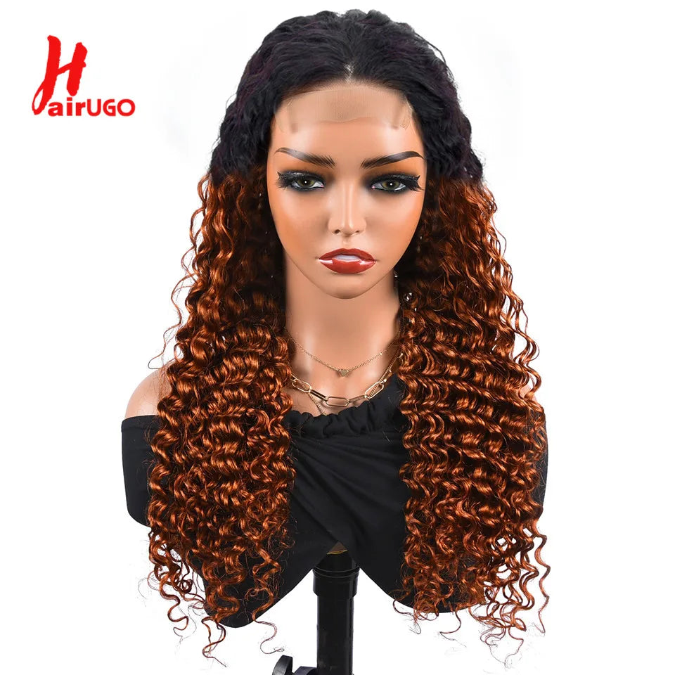 T1B/Orange Deep Wave Lace Closure Wig For Women Ombre Orange Lace Closure Human Hair Wigs With Baby Hair Remy Preplucked HairUGo
