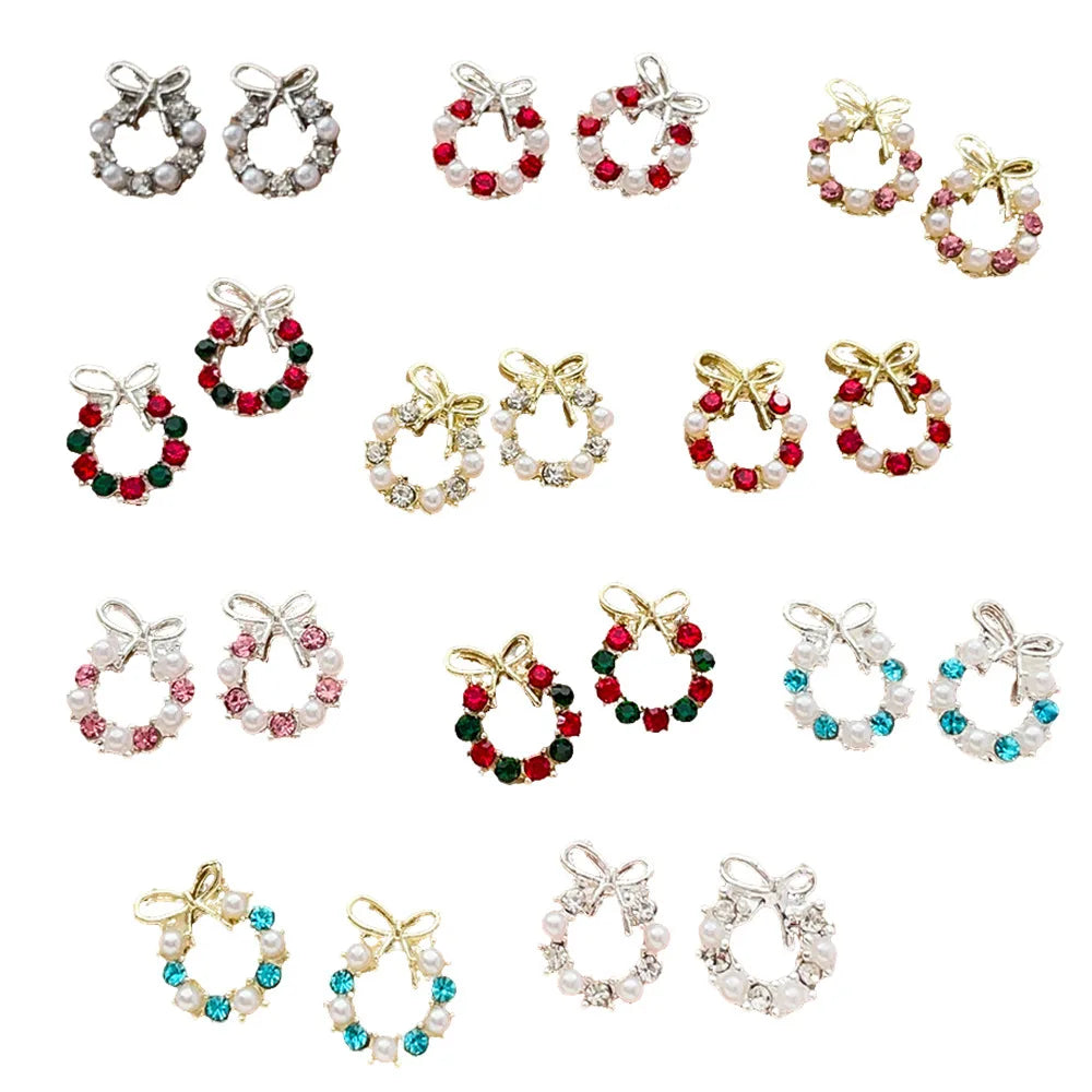Luxury Christmas Wreath Nail Art Charms Pink Bow Pearl Diamond Gold Silver Alloy Nails 3D Decoration Jewelry for Manicure Design