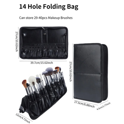 Large Black Foldable Makeup Bag 14-40 Hole Storage Organizer for Beauty Brushes Cosmetic Pouch with Handles