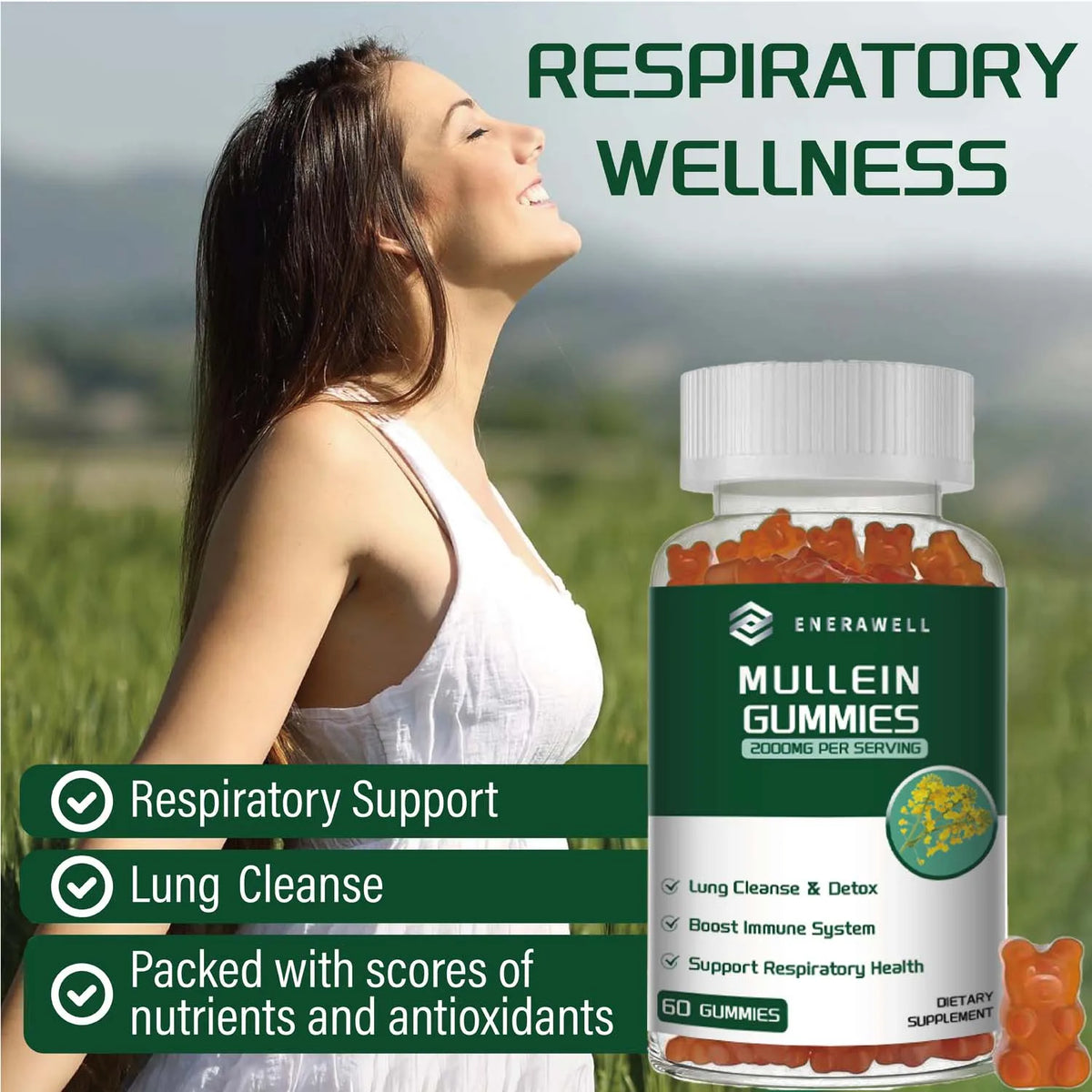 Mullein Gummies 2000mg - Supports Clear Lungs & Respiratory Health, Natural Detoxification, Enhanced Immune Function