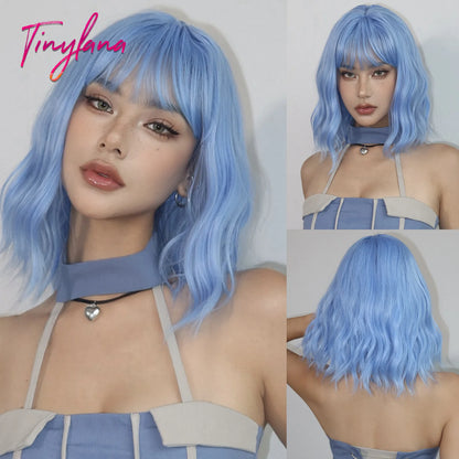Curly Short Bob Brown Wavy Synthetic Wigs with Bangs Lolita Cosplay Brown Wig for Women Natural Daily Party Hair Heat Resistant