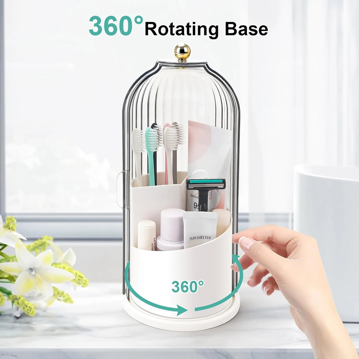 2pcs 360° Rotating Dustproof Makeup Brush Storage Box, Sliding Door Cosmetic Storage Rack + Dental Floss Storage Box