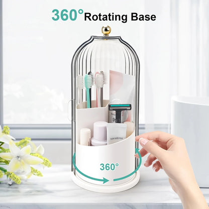 2pcs 360° Rotating Dustproof Makeup Brush Storage Box, Sliding Door Cosmetic Storage Rack + Dental Floss Storage Box