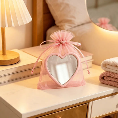 15 Pieces Set Heart Shaped Mini Mirrors with Pink Storage Bag Perfect for Travel Wedding Gifts and Korean Skincare Routines