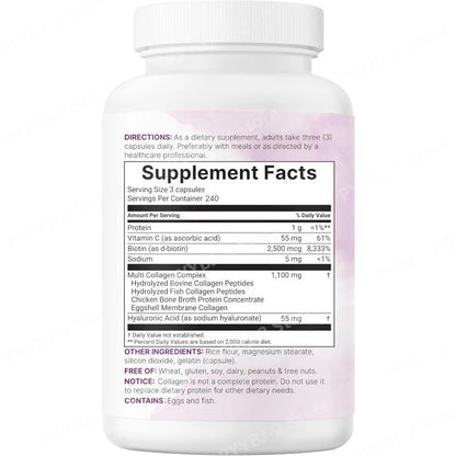Multi Collagen Capsules 240ct Type I II III V X with Biotin Hyaluronic Acid Vitamin C Hydrolyzed Protein Supplement