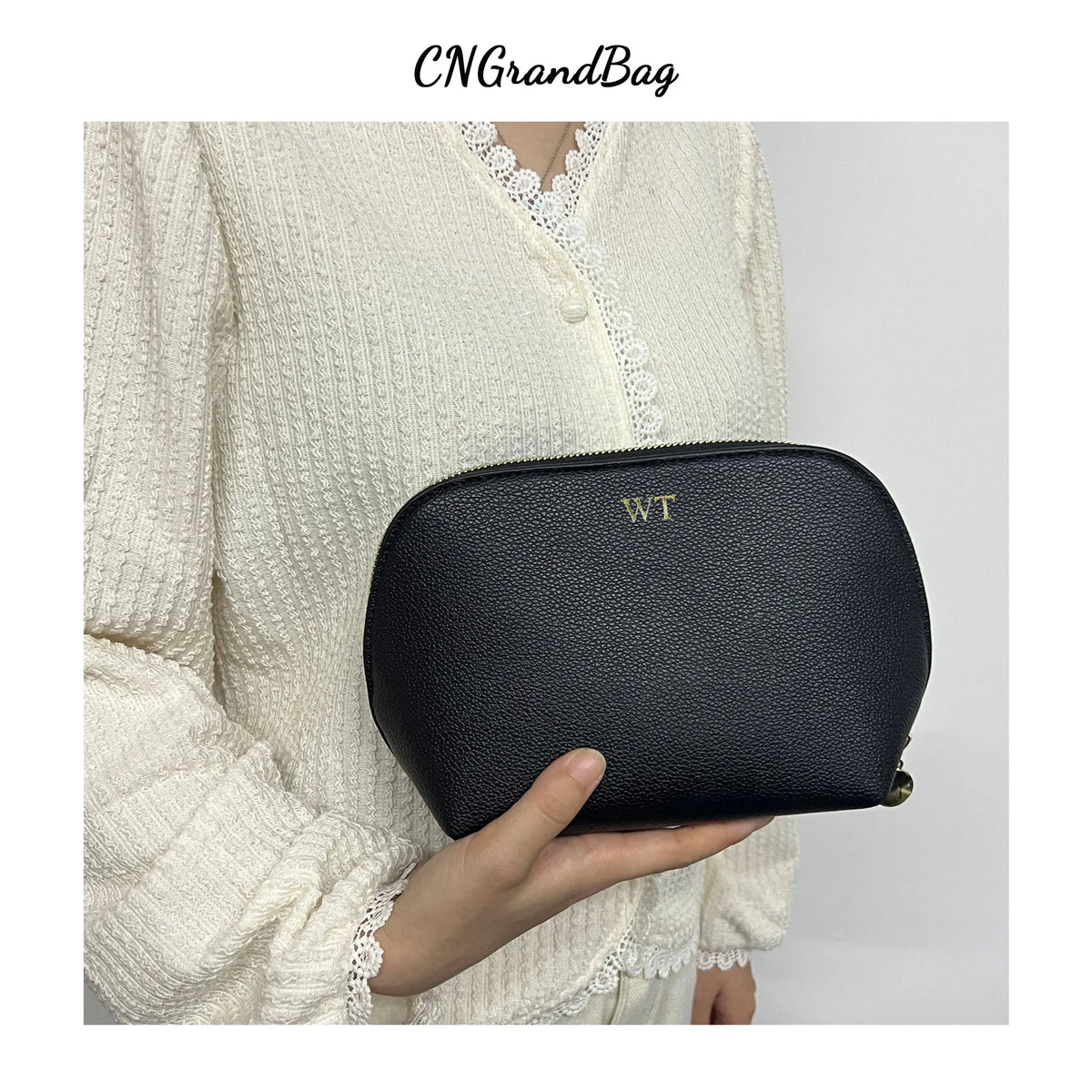 Customized Letters PU Leather Cosmetic Storage Bag Classic Simple Atmosphere Solid Color Make Up Bag Advanced Zipper Wash Bag