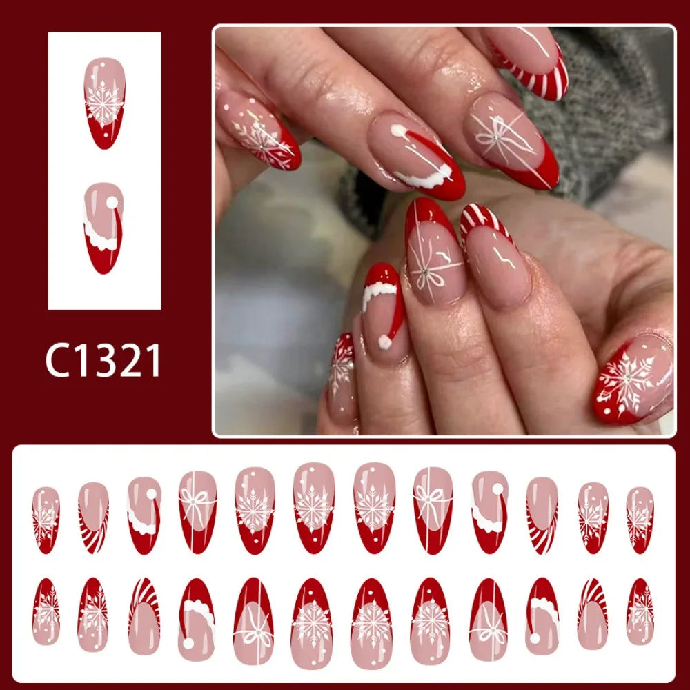 24PCS Red French Pointed Nails Christmas Fake Nails With Snowflake Christmas Hat Design, Artificially Adhered To The Nails