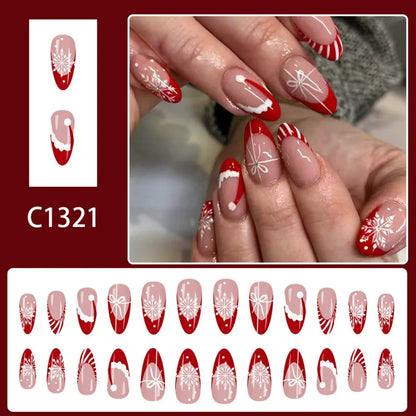 24PCS Red French Pointed Nails Christmas Fake Nails With Snowflake Christmas Hat Design, Artificially Adhered To The Nails
