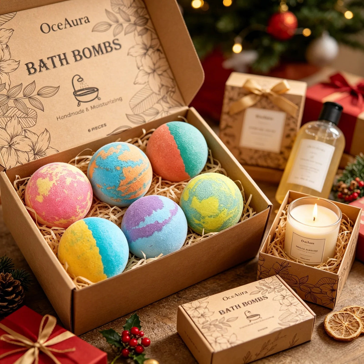 OceAura Bath Bombs Set Lily Rose Rosemary Bubble Skin Exfoliation Improve Dryness Handmade Gift Relaxing Spa Bath Salt Balls