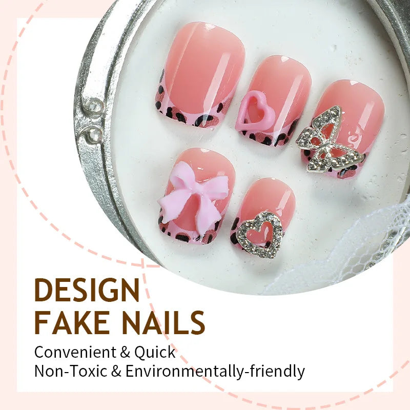 European and American Spice Girls Bow Love Diamond Wearing Nail Short Square Removable Fake Nails