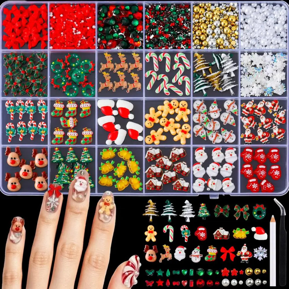 1Box Cartoon Creative Elk Santa Claus Gloves Bow Nail Art Decorations Cute Socks Bell Resin Nail Charms for DIY Christmas Nails