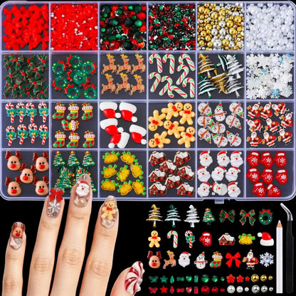 1Box Cartoon Creative Elk Santa Claus Gloves Bow Nail Art Decorations Cute Socks Bell Resin Nail Charms for DIY Christmas Nails