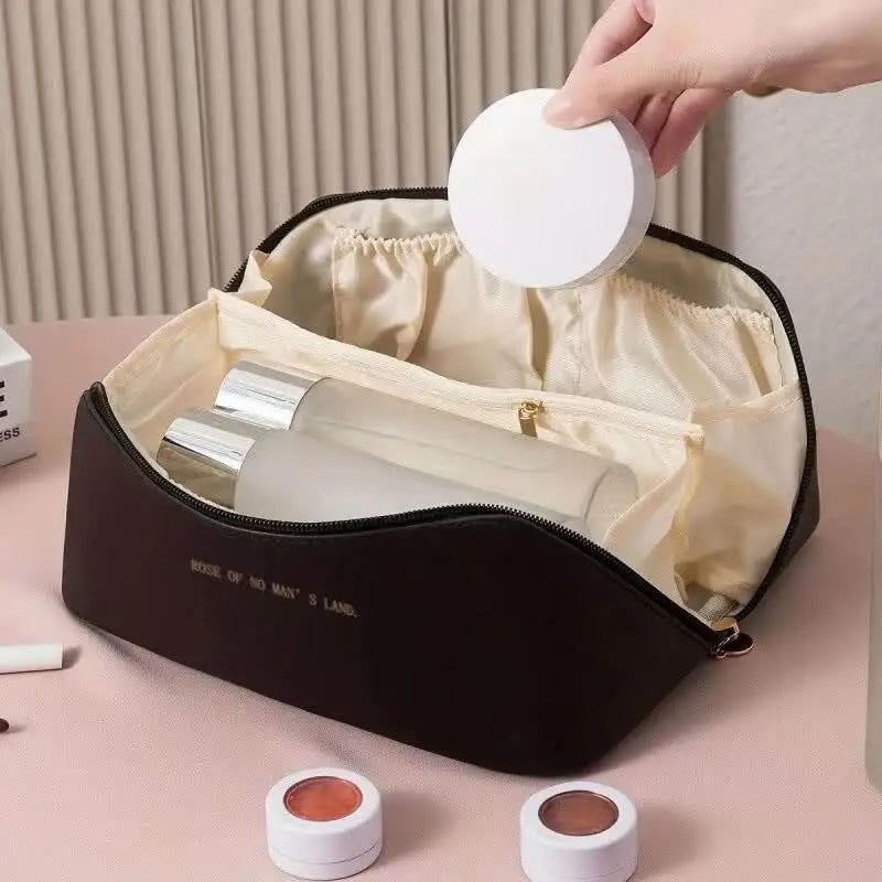 Women Travel Makeup Bag PU Cosmetic Organizer Large Capacity Toiletry Bag Wide Opening Portable Wash Bag