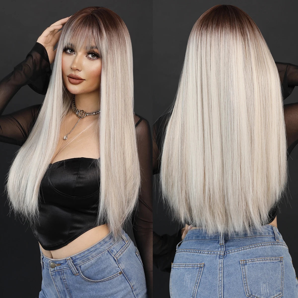 Long Straight Light Blonde Wig for Women Daily Party Highlight Brown Synthetic Layered Hair Wigs with Bangs Halloween Cosplay