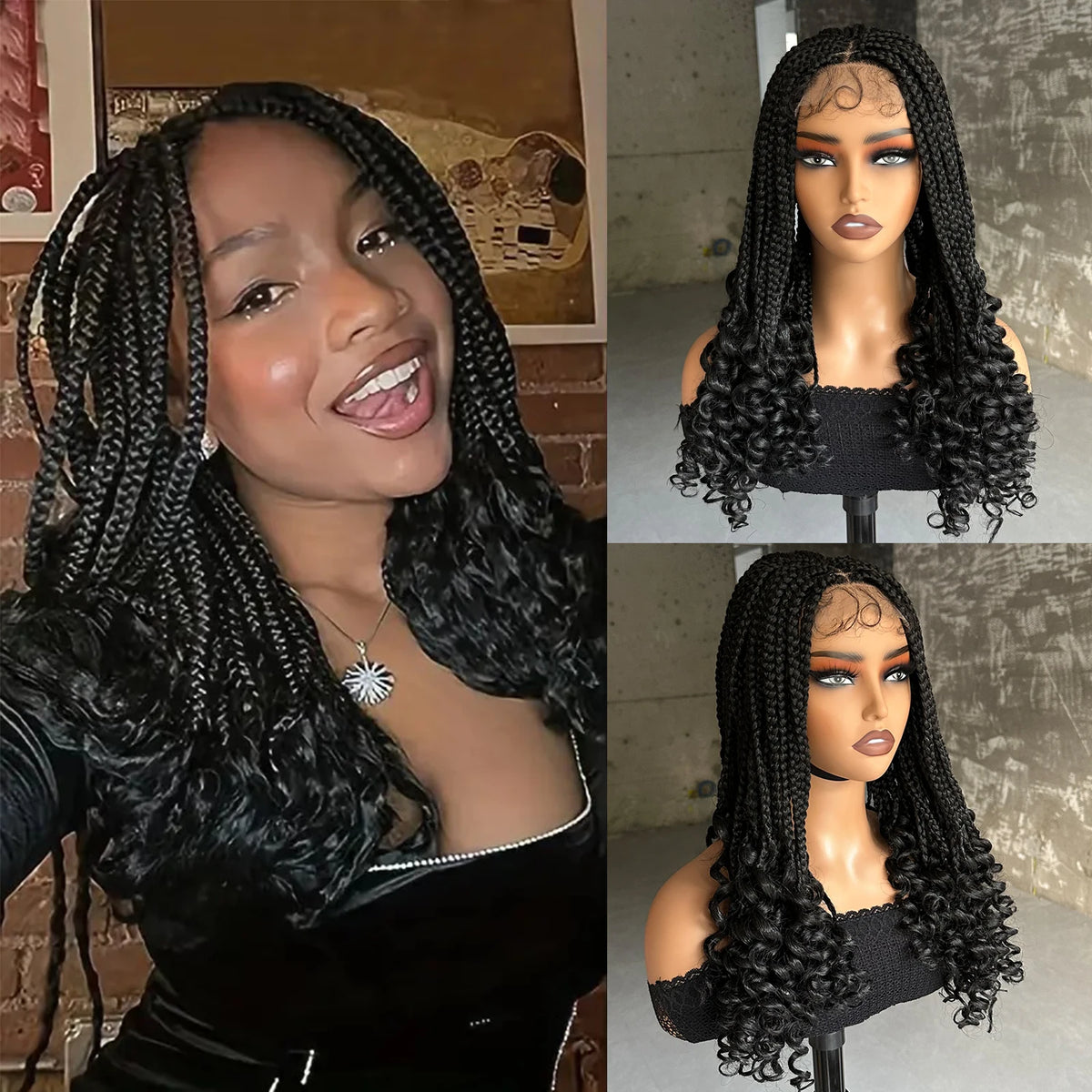 Synthetic Braided Wigs Lace Closure Wigs Curly Ends Box Braided 4x4 Lace Wig with Baby Hair for Black Women Afro Braiding Wigs