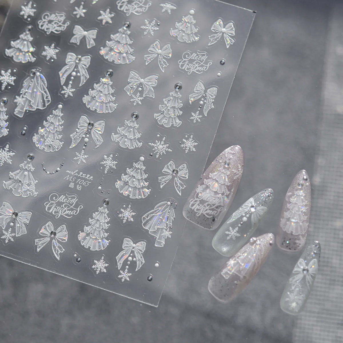 Winter Christmas 5D Nails Sticker White Lace Christmas Tree Bow Snowflake Pattern Self-Adhesive Nail Art Decorations Decals DIY