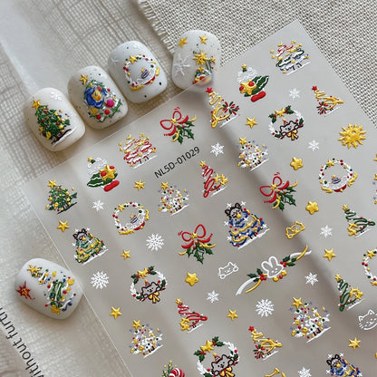 1pcs Gold-foiled Christmas Tree 5D Nail Stickers Bow Holly Snowflake Wreath Christmas Nail Decals Cartoon Merry Christmas Decora