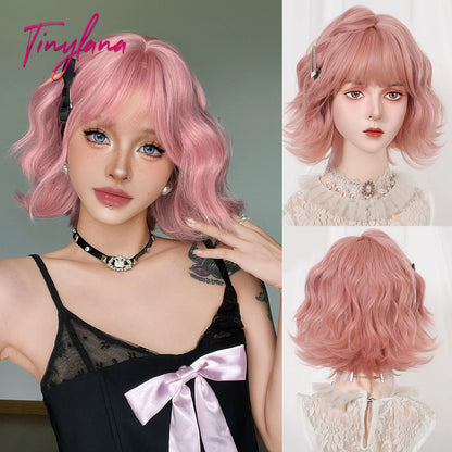 Curly Short Bob Brown Wavy Synthetic Wigs with Bangs Lolita Cosplay Brown Wig for Women Natural Daily Party Hair Heat Resistant