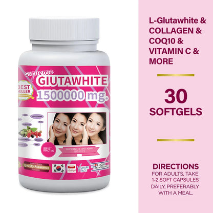 GLUTA WHITE 1500000MG Glutathione Skin Whitening Supplement, Anti Aging, Dark Spots, Melasma & Acne Scar Remover, 30 Softgel