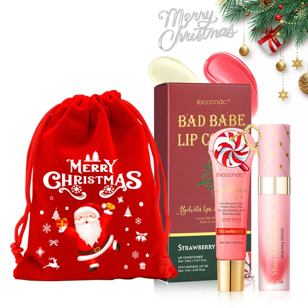 Christmas Gift 3Pcs Glossy Lip Gloss Set Strawberry Lip Balm And Lip Gloss Combo Long Lasting Hydrating Plump Lips