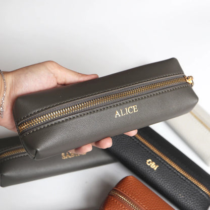 Travel Luxury PU Leather Engrave Name Cosmetic Bag Zipper Fashion Small Make Up Bag Business Pen Pouch Versatile Storage Bags
