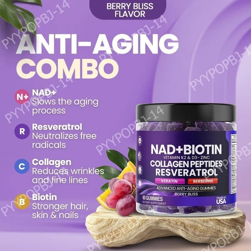 Biotin Collagen Gummies with NAD+ Resveratrol Vitamin D3 K2 Zinc Daily Beauty Wellness Supplement 60 Count Berry Flavor