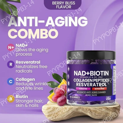Biotin Collagen Gummies with NAD+ Resveratrol Vitamin D3 K2 Zinc Daily Beauty Wellness Supplement 60 Count Berry Flavor