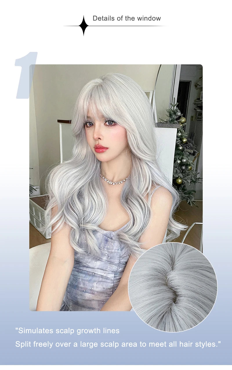 NAMM Costume Wig Synthetic Body Wavy Cool Silvery  Wig For Women Daily Use High Density Layered Hair Wigs With Fluffy Bangs
