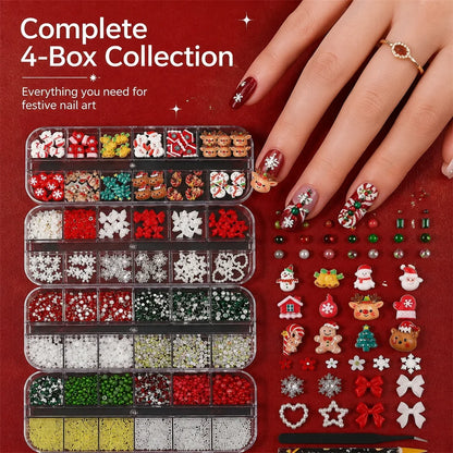 4Box/Set Christmas 3D Nail Charms Assorted Resin Figures Snowflake Bow Pearl Rhinestone Beads For Home Salon Holiday Art Making