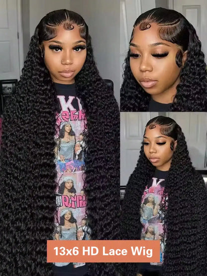 250% 13x6 HD Lace Front Wig Pre Plucked Pre Bleached Transparent Lace Frontal Wig with Baby Hair Deep Curly Wave Human Hair Wigs