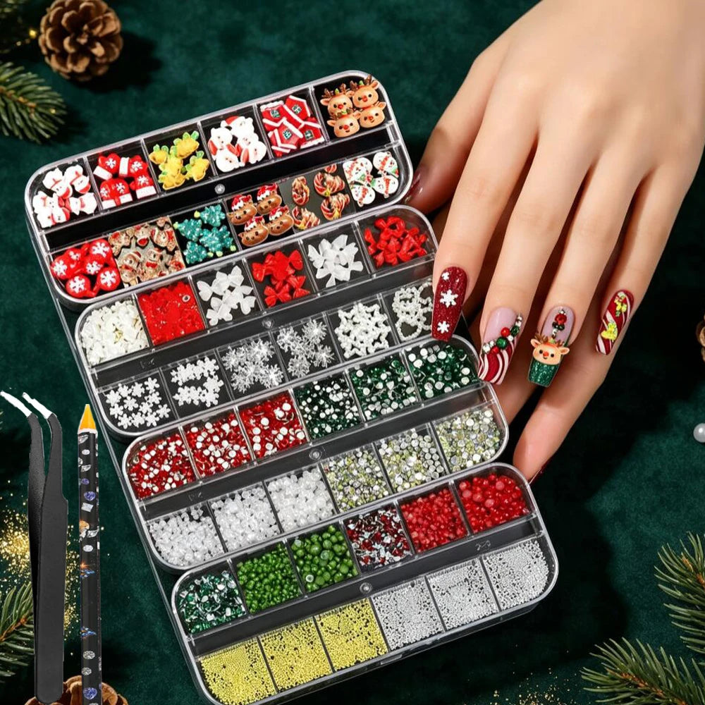 4Box Christmas Nail Charms 3D Snowman Santa Claus Elk, White Snowflakes Red Bow Red & Green Rhinestones Metal Caviar Beads Nails