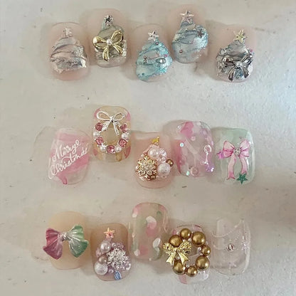 Luxury Christmas Wreath Nail Art Charms Pink Bow Pearl Diamond Gold Silver Alloy Nails 3D Decoration Jewelry for Manicure Design