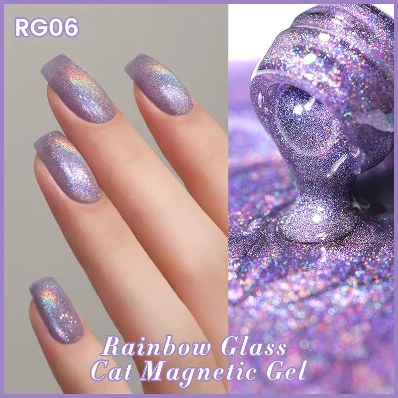 BORN PRETTY 10ml Rainbow Glass Cat Magnetic Nail Gel Polish Sparkling Double Light Reflective Glitter Colorful Laser Varnish
