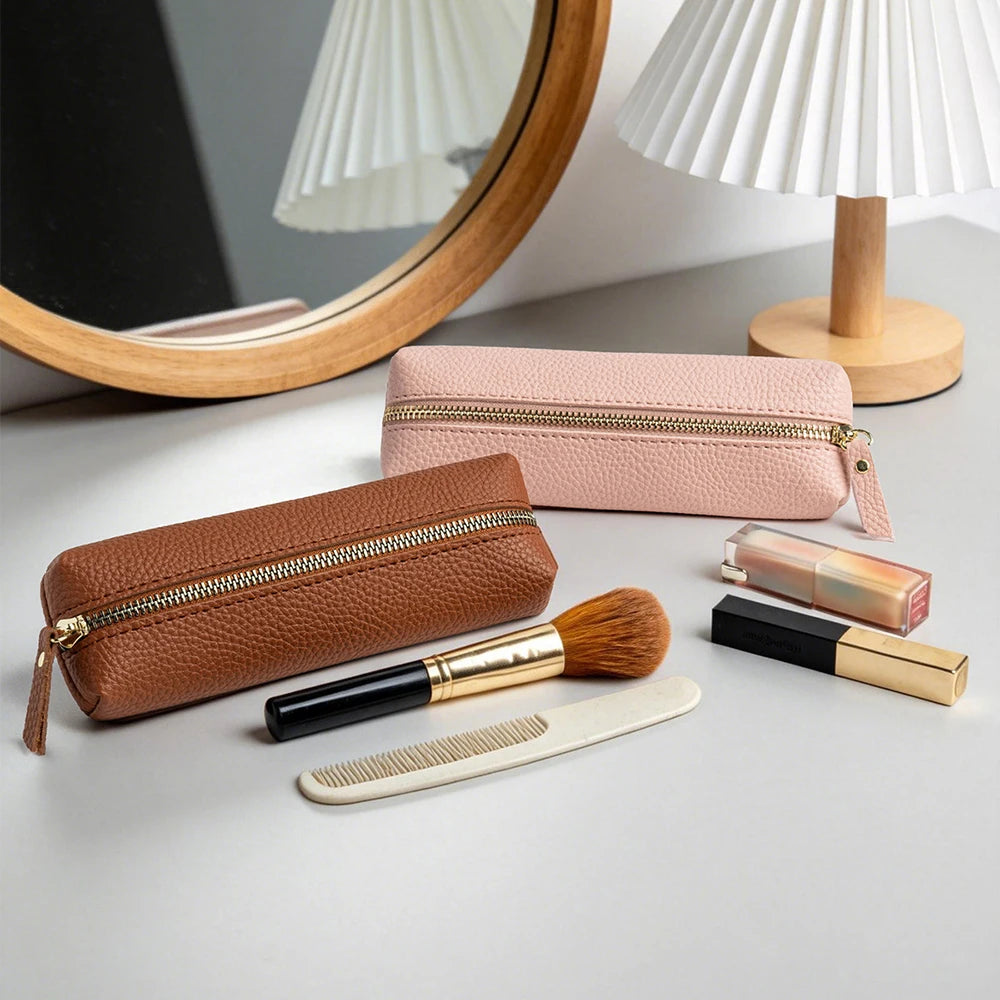 Travel Luxury PU Leather Engrave Name Cosmetic Bag Zipper Fashion Small Make Up Bag Business Pen Pouch Versatile Storage Bags