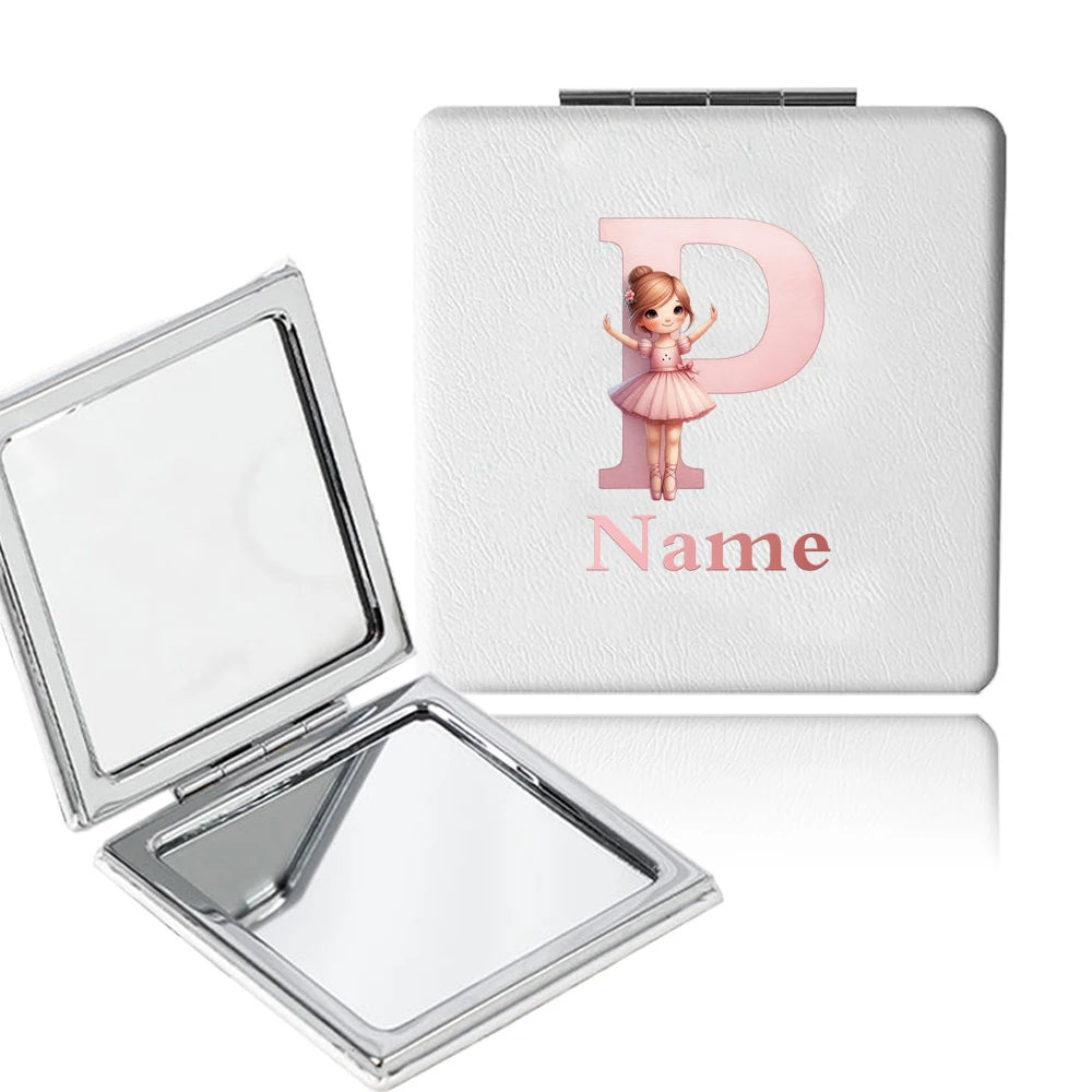 Customized Name PU Handheld Makeup Mirror Cover Dressing Double-Sided Portable Foldable Pocket Cosmetic Mirror