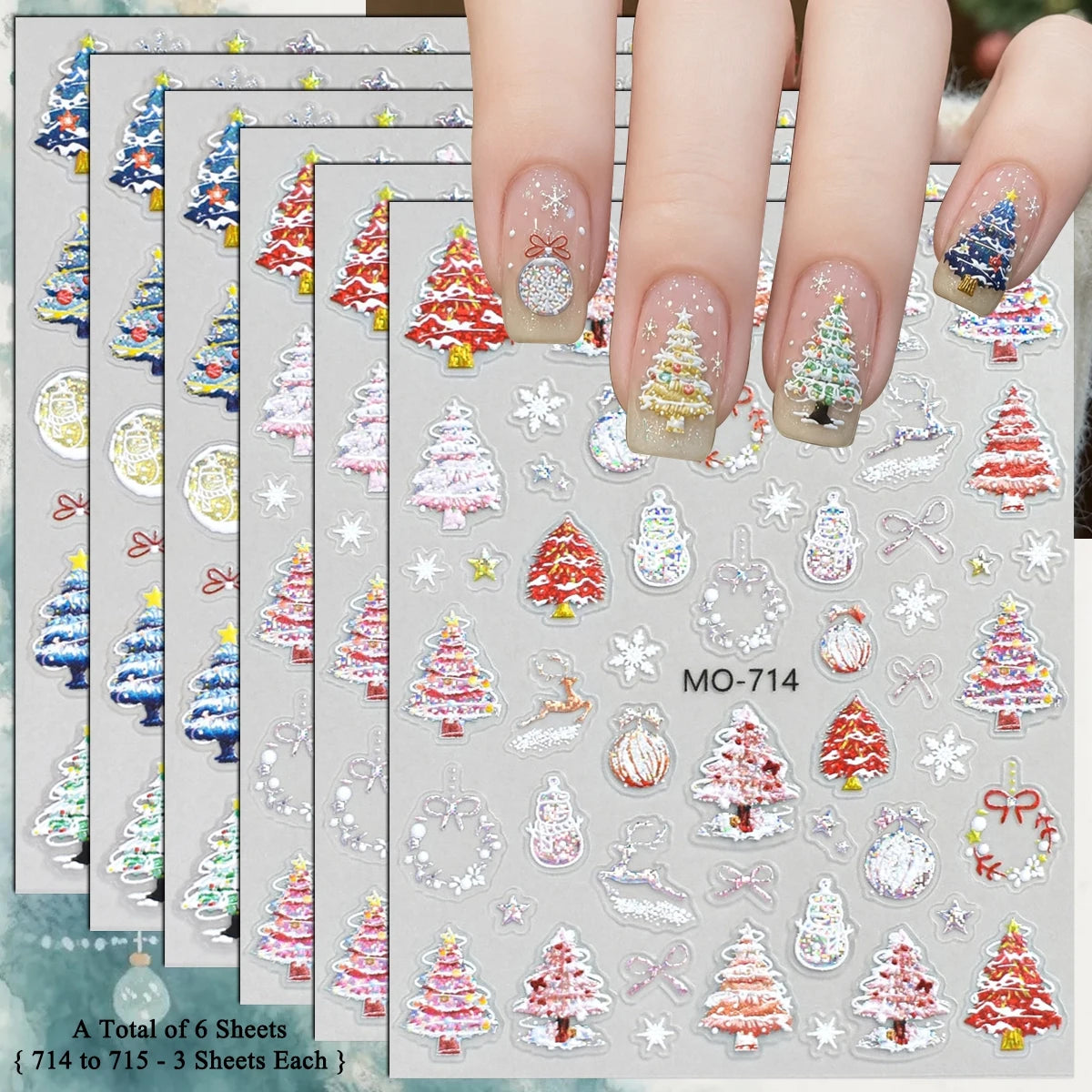 3 to 12 Sheets 5D Holographic Christmas Tree Snowflake Ornament Wreath Reindeer Glitter Self-Adhesive Nail Art Stickers