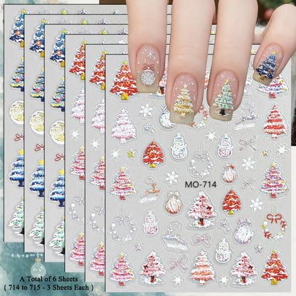 3 to 12 Sheets 5D Holographic Christmas Tree Snowflake Ornament Wreath Reindeer Glitter Self-Adhesive Nail Art Stickers