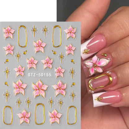 5D Floral Embossed Nail Stickers Bronzing Hibiscus Flower Petals Star Frame Elegant Nail Art Decals for Spring Summer Decor