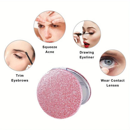 Women Folding Makeup Mirror Facial Beauty Makeup Care Tool Durable PU Surface Waterproof Ideal Party Gift Pink Flower Pattern