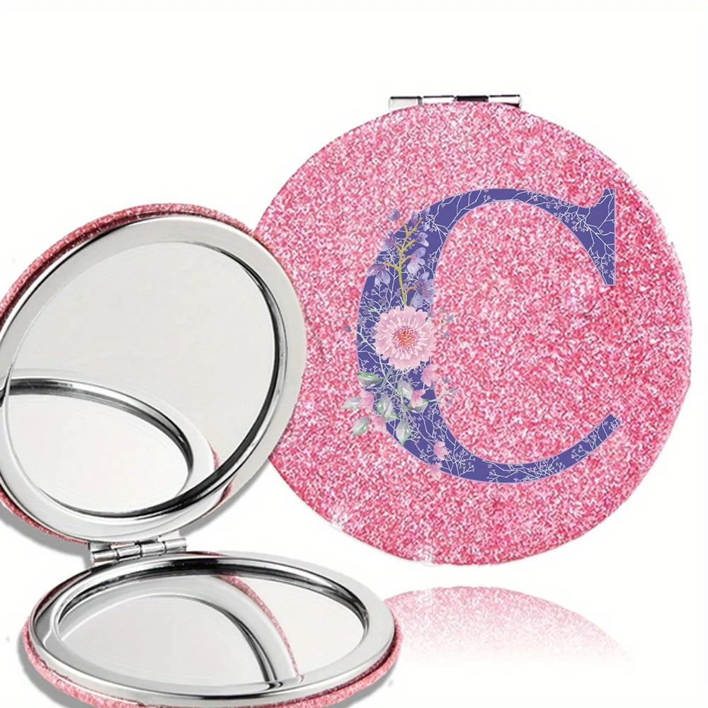Women Folding Makeup Mirror Facial Beauty Makeup Care Tool Durable PU Surface Waterproof Ideal Party Gift Pink Flower Pattern