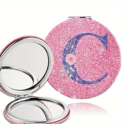 Women Folding Makeup Mirror Facial Beauty Makeup Care Tool Durable PU Surface Waterproof Ideal Party Gift Pink Flower Pattern