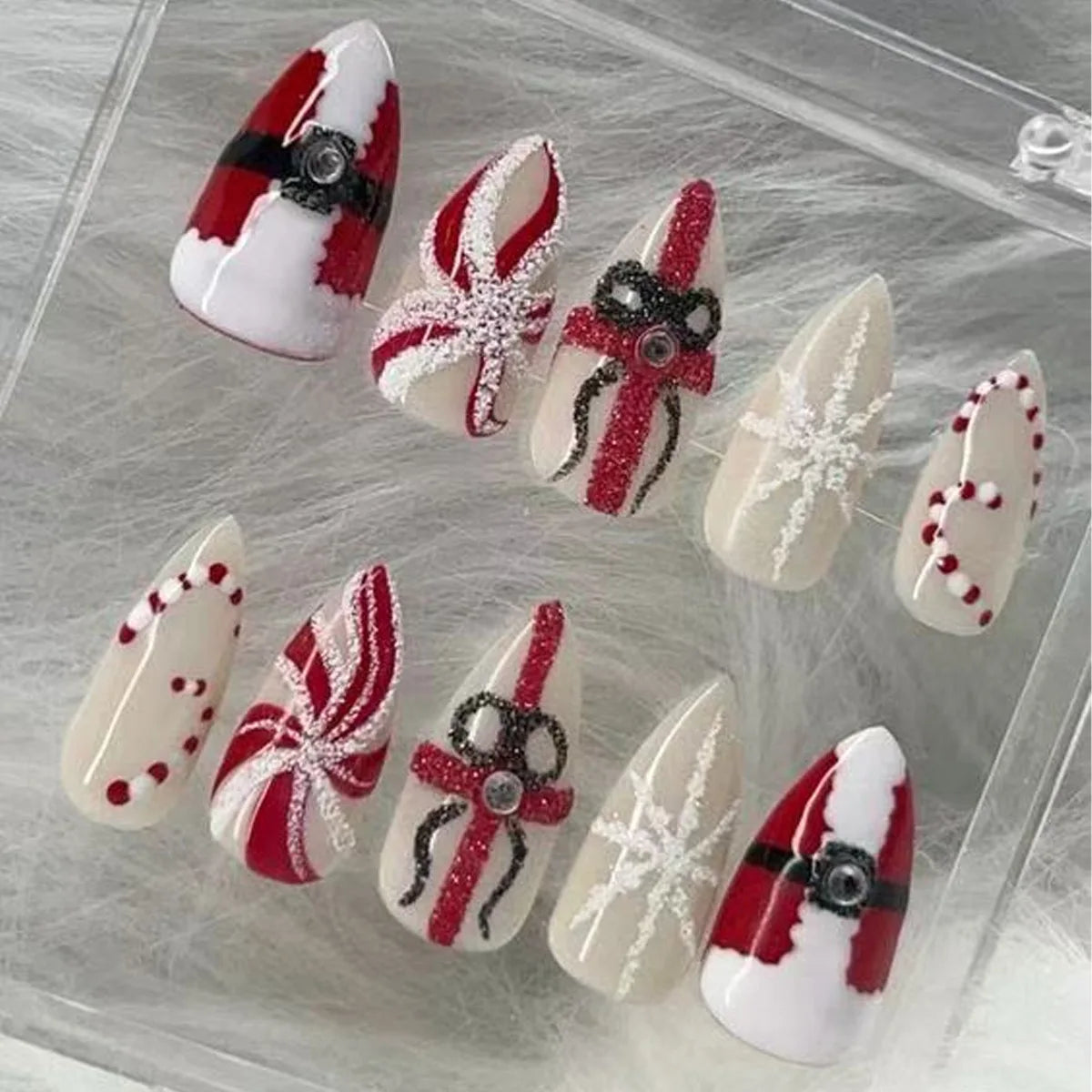 24PCS Christmas Red Almond Press on Nails Sweet 3D Gingerbread Man Xmas Tree Snowflake Design False Nails Wearable Acrylic Nails