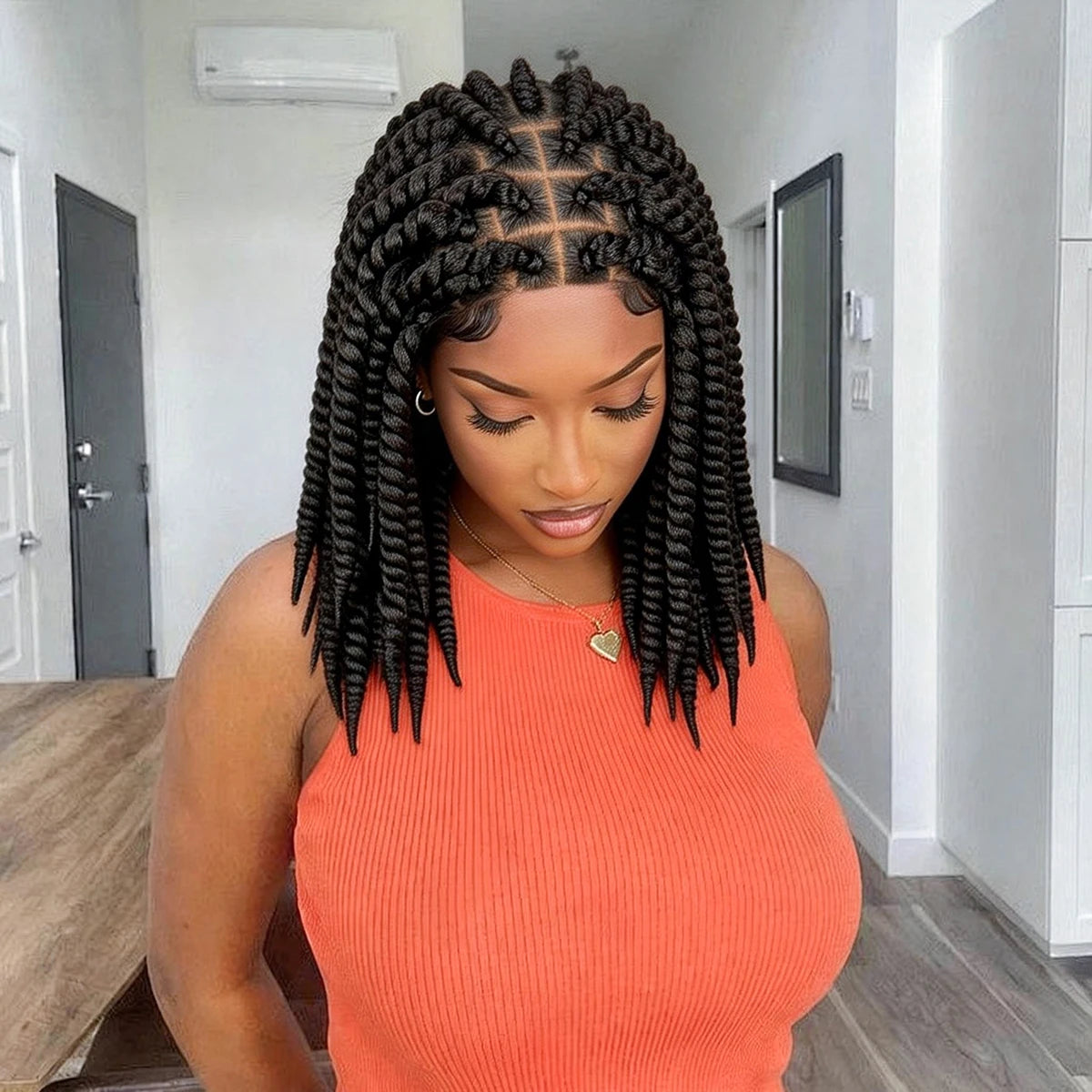 16 Inches Short Synthetic Full Lace Twist Braided Wigs Natural Knotless Box Braiding Wig for Black Women