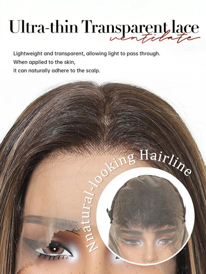13x6 HD Transparent Lace Front Bob Wig 12" Short Straight Highlight Brown Blonde Synthetic Wigs for Women Glueless Pre Plucked
