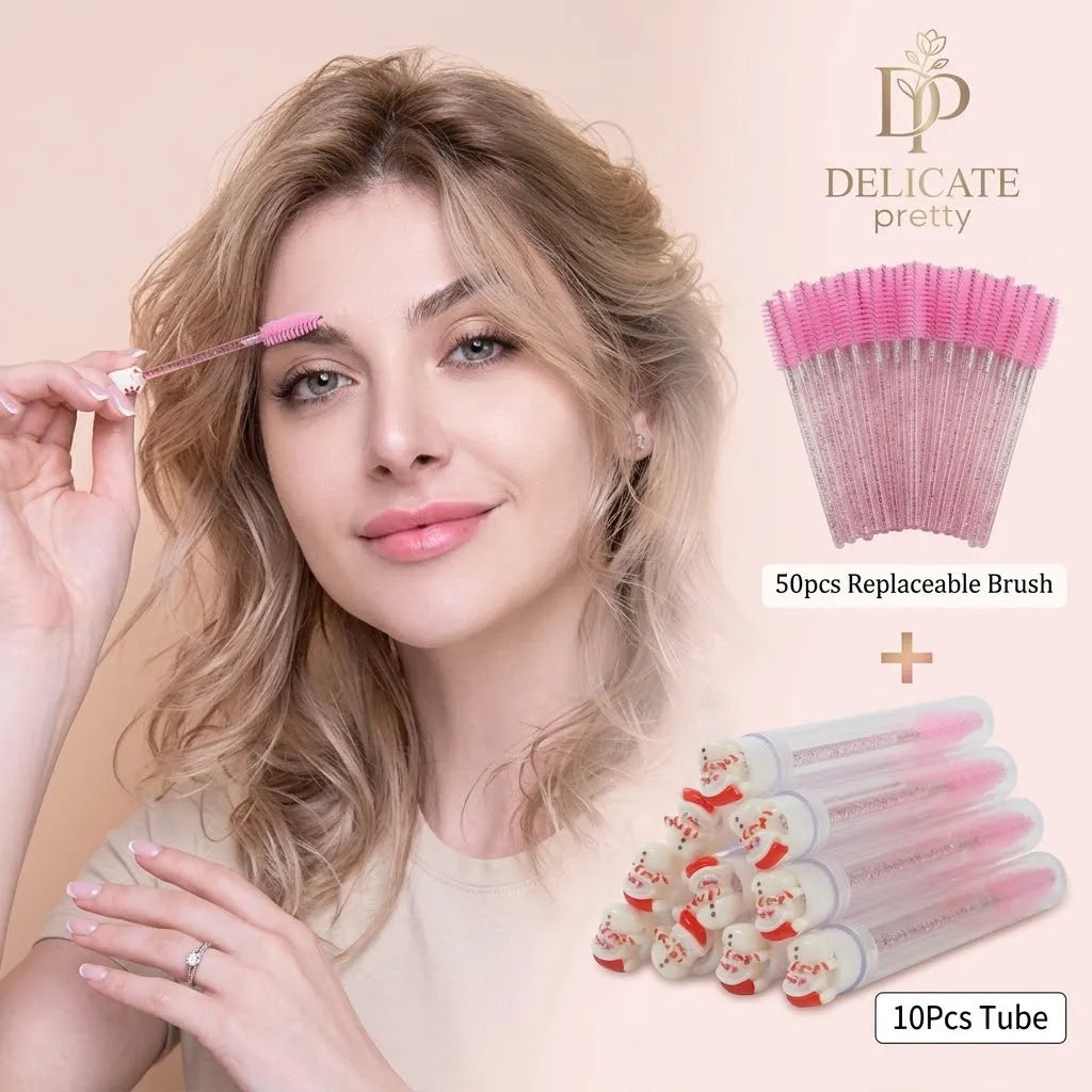 10PCS Christmas Mascara Wand in Tube with 50pcs Nylon Bristles for Eyelash Extension and Replacement Eyelash Brush Eyelash Comb